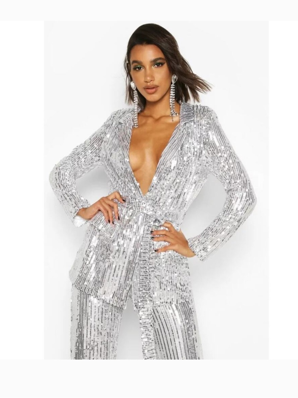 NWT BOOHOO SILVER SEQUIN TIE BELT BLAZER AND WIDE LEG TROUSERS - SKU:266